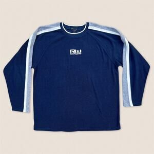 Vintage 90s Roca Wear Sweatshirt Navy Blue Gray Striped Crew Neck - Size 2XL